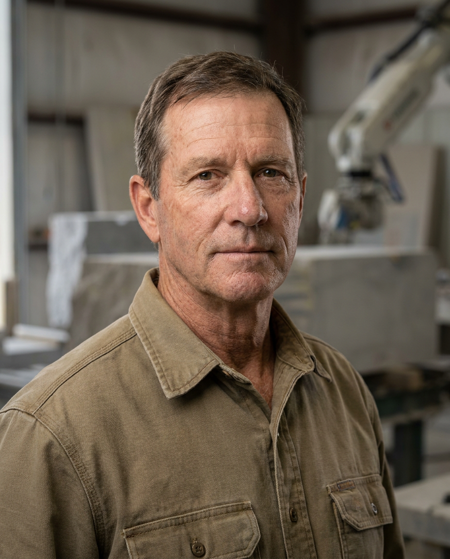 Bradford Jorgensen, founder of CarveWorks, inspecting a stone block