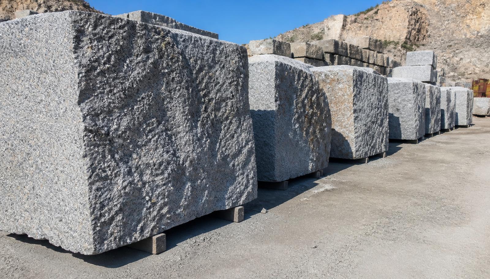 Massive granite blocks staged outside an Elberton quarry