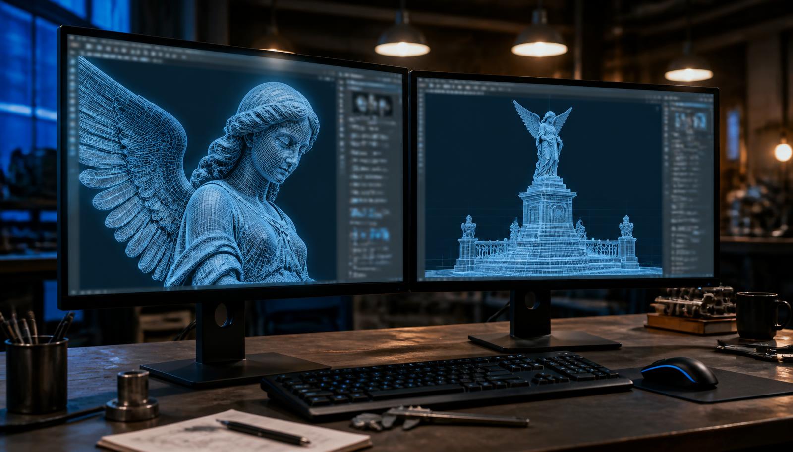 Engineer reviewing a 3D digital stone reconstruction on dual monitors